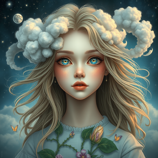 Create a series of imaginative portraits where each subject is infused with elements of fantasy and nature. The hair of the individuals should flow like clouds, varying from soft, fluffy cumulus to wispy cirrus strands, with hints of color reflecting a sunset or a clear blue sky. The eyes should be windows to entire galaxies, with stars, nebulae, and distant planets visible within them. Clothing should be adorned with nature motifs, such as floral patterns that bloom and change, vines that seem to grow and wrap around, or feathers that shimmer with iridescence. Each portrait should capture a unique personality, blending human features with the ethereal beauty of the natural and cosmic world. The backgrounds can vary, from starry night skies to enchanted forests, adding depth and context to the magical realism of the portraits