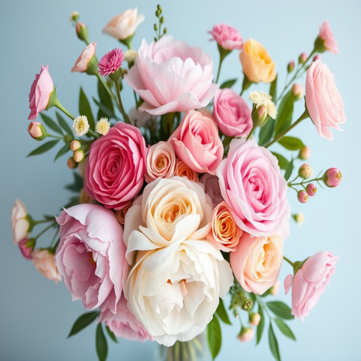 Create a high-resolution floral arrangement featuring a mix of peonies, roses, and other soft-colored flowers against a pale blue background, using a Canon EOS R5 camera with a 50mm lens, aperture set to f/2.8 for a shallow depth of field, natural lighting from a soft window light, and a slight overhead angle to enhance the composition.