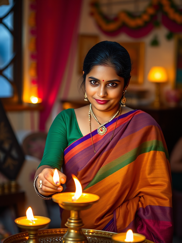 portrait of a woman wearing a colorful saree, lighting a traditional oil lamp in a decorated room, soft warm lighting, DSLR camera, 50mm lens, f/1.8 aperture, ISO 200, shallow depth of field, vibrant colors, ambient background blur