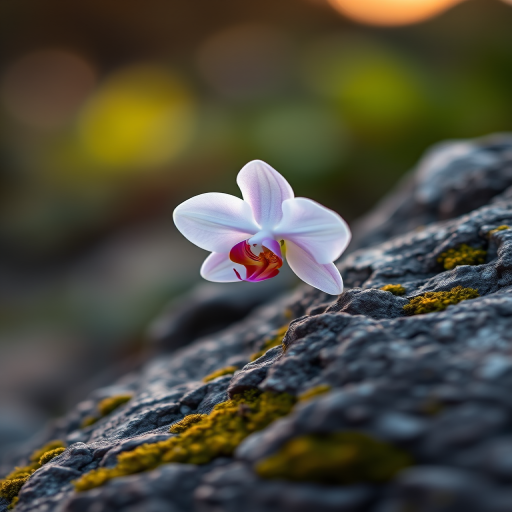 Capture a close-up of a single orchid blooming on a textured rock with moss, soft bokeh background, f/2.8 aperture, 50mm lens, ISO 100, shot on a DSLR camera at sunrise for soft lighting.