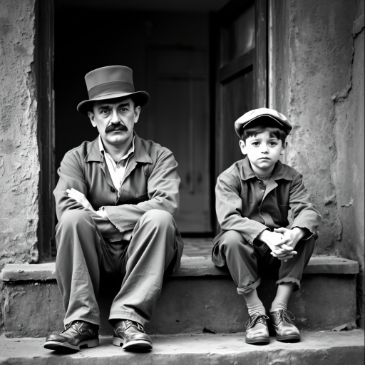 A black-and-white photograph of a man and a child sitting on steps in front of a doorway. The man is dressed as a tramp with a bowler hat, mustache, and ragged clothes, reminiscent of Charlie Chaplin's iconic look. He is sitting with his arms crossed and an expression of slight sadness or frustration. Next to him is a young boy, also in worn clothes and a cap, sitting with his hands clasped, looking thoughtful. The background is an old, textured wall and a partially open door, creating a vintage, early 20th-century atmosphere.