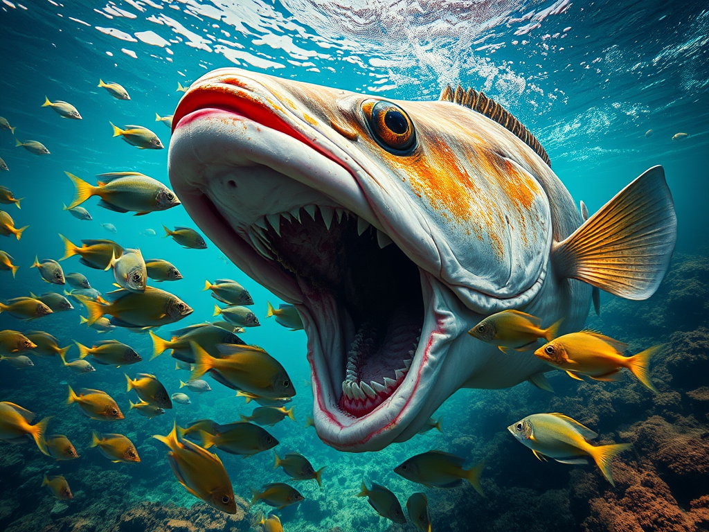 Regenerate a surreal underwater scene featuring a giant fish with an exaggerated open mouth, surrounded by smaller fish swimming out, high detail, vibrant colors, 50mm lens, f/2.8 aperture, ISO 100, wide-angle view, DSLR camera, natural lighting.