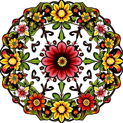 Create a detailed floral border design with intricate patterns and vibrant colors, capturing a high-resolution image using a DSLR camera at f/2.8 aperture, ISO 100, 50mm lens, in soft natural lighting, shot at an overhead angle to enhance depth and texture.