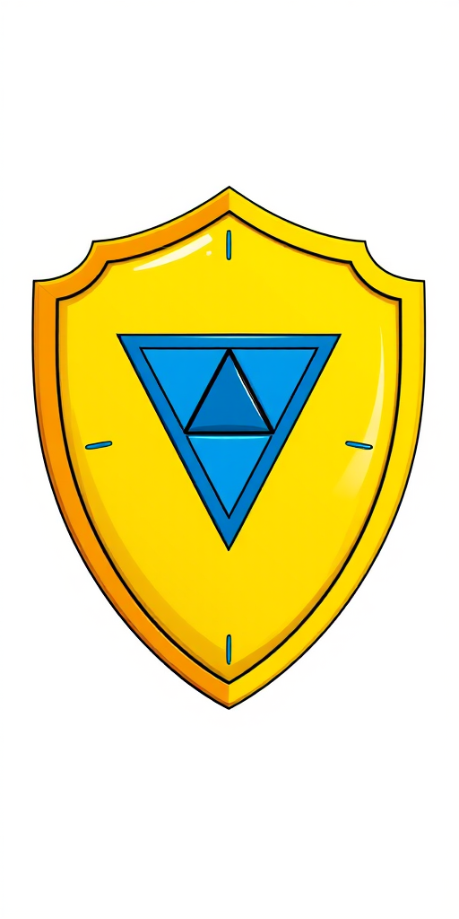 Create a vibrant and detailed illustration of a yellow shield with a blue triangular emblem at its center, using a high-resolution camera at 50mm focal length, f/8 aperture, with a soft-focus background to enhance the shield's features.