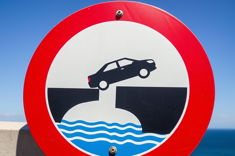 Create an image of a warning sign depicting a car about to fall off a ledge into water, using a DSLR camera with a focus of f/8, ISO 100, and a wide-angle lens to capture details, in high resolution, with a clear blue sky background.