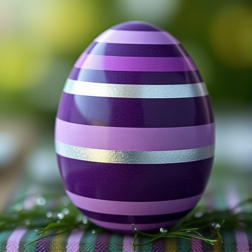 Create a high-resolution digital illustration of a striped Easter egg in shades of dark and light purple with silver accents, using a Canon EOS R5 camera, 85mm lens, f/1.8 aperture, and 1/200s shutter speed, with soft lighting and a blurred background to enhance focus on the egg's surface details.