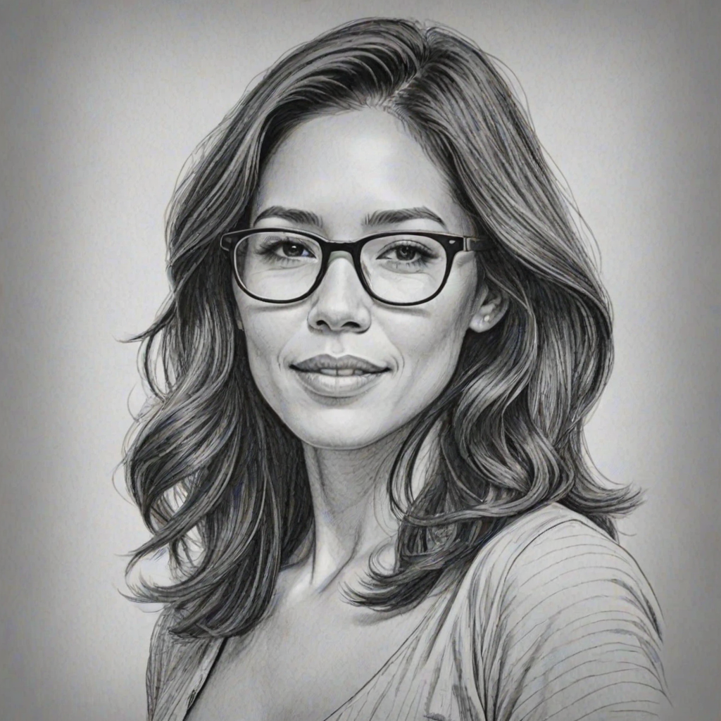 Stunning Michaela Conlin, pencil sketch, portrait of Attractive woman 1971s in glasses, hair style beatnik, outline, clear lines, fine lines, 8k