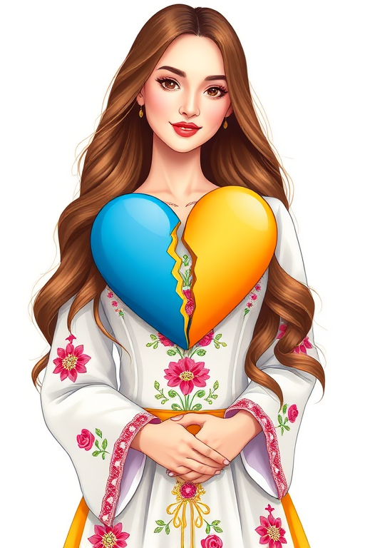Create a vibrant illustration of a woman with long wavy brown hair wearing a traditional white dress adorned with floral embroidery, holding a broken heart split into blue and yellow halves, set against a clean white background; use a Canon EOS R5 camera, aperture f/4, shutter speed 1/200s, ISO 100, shot in portrait mode to enhance image quality and detail.