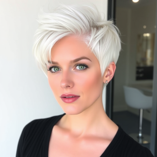 Icy platinum blonde pixie cut with textured layers and a swept-back quiff, exuding confidence and sophistication in the chic "Frost Queen" style