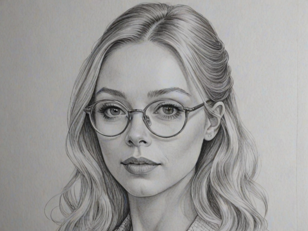Enchanting Portia Doubleday, pencil sketch, portrait of Ravishing woman 1964s in glasses, hair style beatnik, outline, clear lines, fine lines, 8k