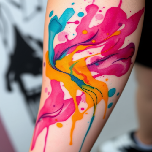 Vibrant watercolor splash tattoo named "Chromatic Cascade" featuring a mesmerizing blend of turquoise, magenta, and sunflower yellow hues swirling together in an abstract pattern resembling a flowing river, with delicate splatters and drips creating a sense of movement and spontaneity across the skin, perfect for those seeking a bold and artistic expression of color and fluidity in their body art