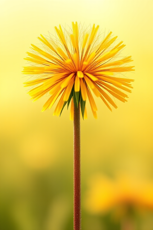 Create an illustration of a whimsical dandelion plant with large, vibrant yellow petals and a strong brown stem, set against a soft, blurred background to enhance focus on the flower, using a DSLR camera at f/2.8 aperture, 1/200s shutter speed, ISO 100, in a macro style to capture fine details.