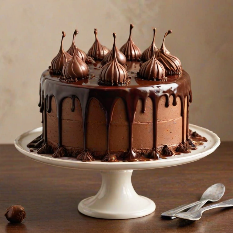 Create an image of a round chocolate cake with a glossy chocolate ganache drip around the top edge. The cake should be decorated with swirls of light brown frosting and topped with chocolate-covered hazelnut truffles. The base of the cake should have a decorative piping of frosting. The background should be a subtle, light-colored surface.