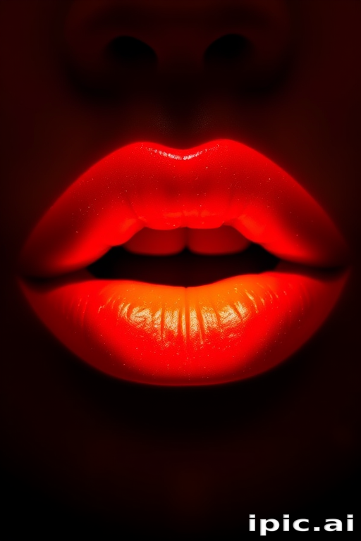 Fiery ombre lips transitioning from deep red to bright orange, mimicking the intense colors of flames with a subtle shimmer throughout