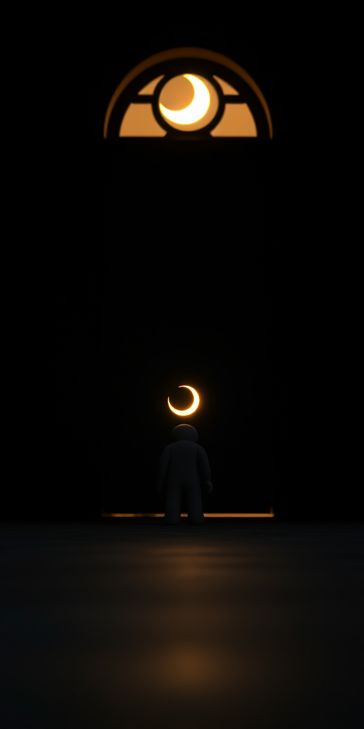 create an image of a small, illuminated figure with a crescent moon head standing in front of a narrow glowing doorway, with shadows creating a dramatic contrast, use a shallow depth of field, settings at f/2.8, ISO 100, shutter speed 1/60s, with a low-angle perspective to emphasize the figure and doorway, shoot with a DSLR camera for high resolution and clarity.