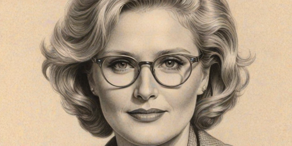 Charming Sharon Gless, pencil sketch, portrait of Lovely woman 1937s in glasses, hair style beatnik, outline, clear lines, fine lines, 8k