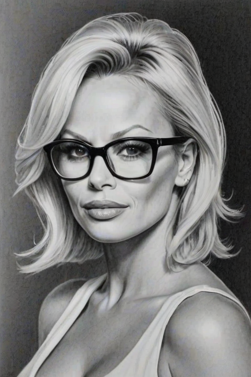 Stunning Pamela Anderson, pencil sketch, portrait of Superb woman 1949s in glasses, hair style beatnik, outline, clear lines, fine lines, 8k
