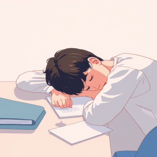 Create an illustration of a person resting their head on a desk with a pen in hand, using soft pastel colors, add a subtle drop shadow for depth, shot from a slightly elevated perspective, using a digital art style with high resolution settings.