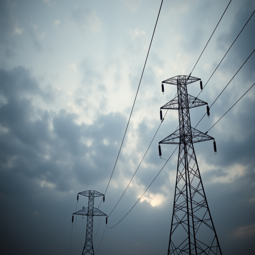 Capture a silhouette of power lines and electricity pylons against a cloudy sky using a DSLR camera, 50mm lens, aperture f/8, ISO 100, 1/250s shutter speed, shallow depth of field, and a low angle view for dramatic composition.