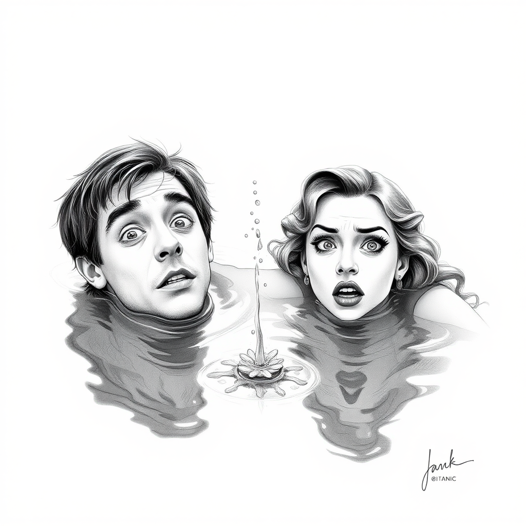 A hyperdetailed photorealistic black and white pencil sketch recreating the iconic scene at the end of Titanic with Jack and Rose floating in the water, only show them making exaggerated funny faces at the camera. Show Rose spitting water at the camera.