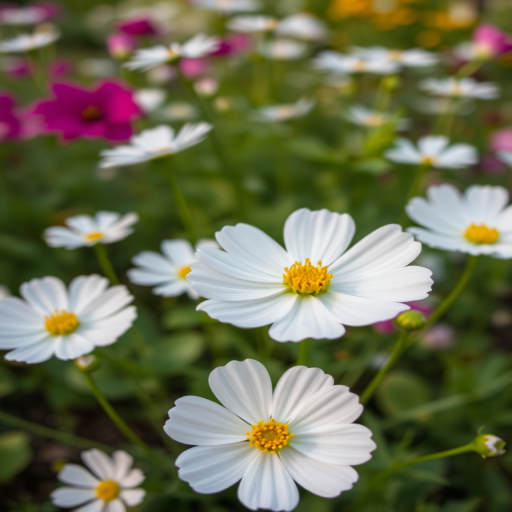 Close-up shot of white cosmos flowers in a garden, f/2.8 aperture, ISO 100, 50mm lens, soft natural lighting, shallow depth of field, DSLR camera.