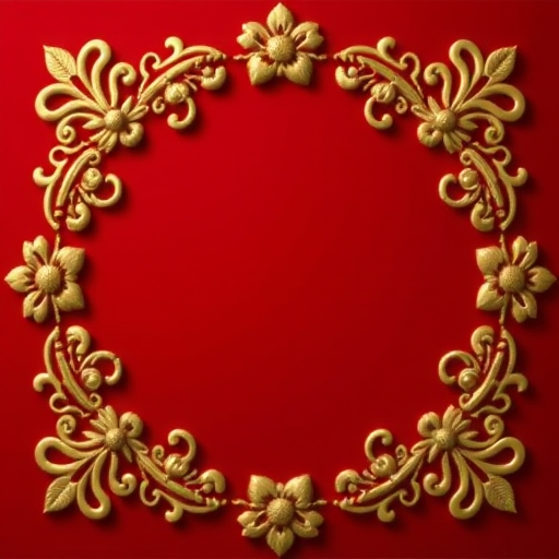 Generate a decorative image with a rich red background and an intricate gold floral border, using a DSLR camera with a 50mm lens at f/2.8 aperture, ISO 100, and a shallow depth of field to enhance detail and focus, shot from a straight-on perspective.