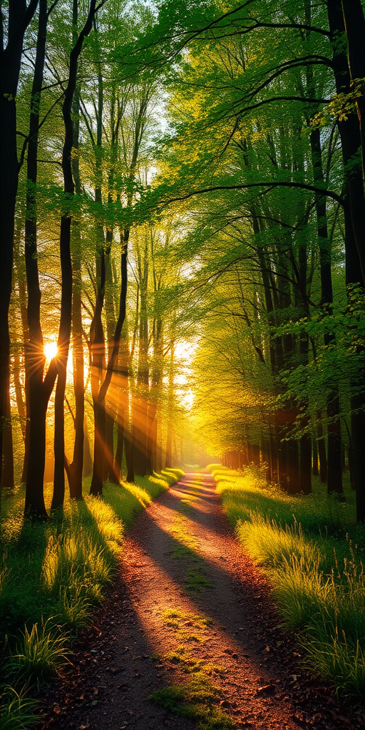 generate a serene forest path with golden sunlight streaming through vibrant green trees, lush grass on the sides, use a DSLR camera, aperture f/2.8, shutter speed 1/100s, ISO 200, focal length 35mm, shoot in early morning for soft light quality