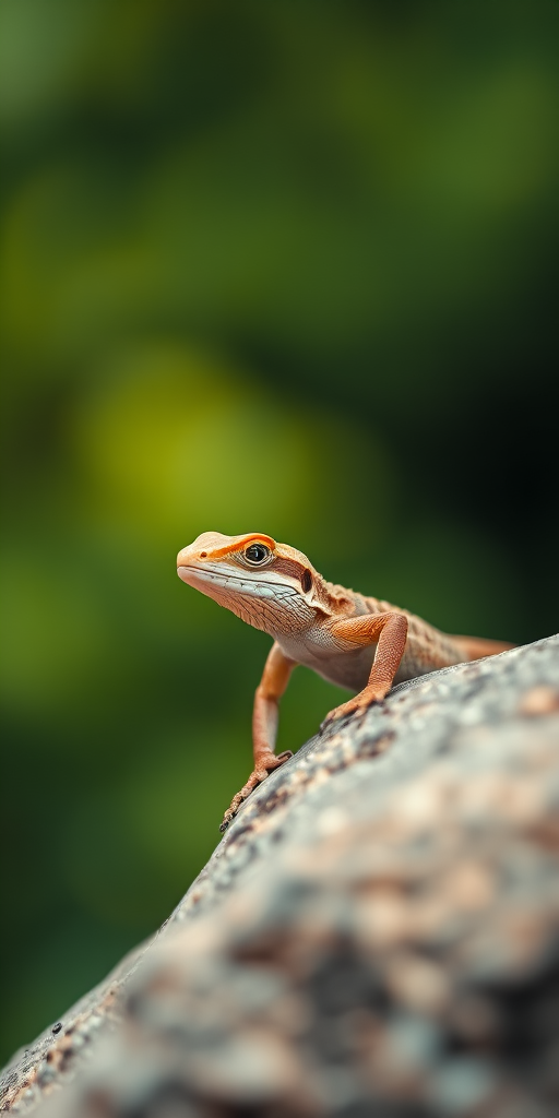 Lizard on a rock with a blurred green background, macro shot, aperture f/2.8, shutter speed 1/500s, ISO 100, taken with a DSLR camera, natural lighting, focus on the lizard with soft bokeh effect.