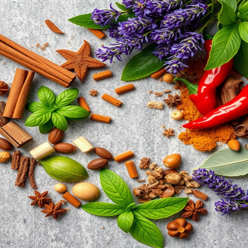Create a vibrant and detailed illustration of an array of herbs and spices including cinnamon, chili pepper, lavender, and various leaves arranged artistically on a textured surface with a natural light setting, using a DSLR camera at f/8 aperture, ISO 100, 50mm lens, and a top-down angle for enhanced clarity and depth.