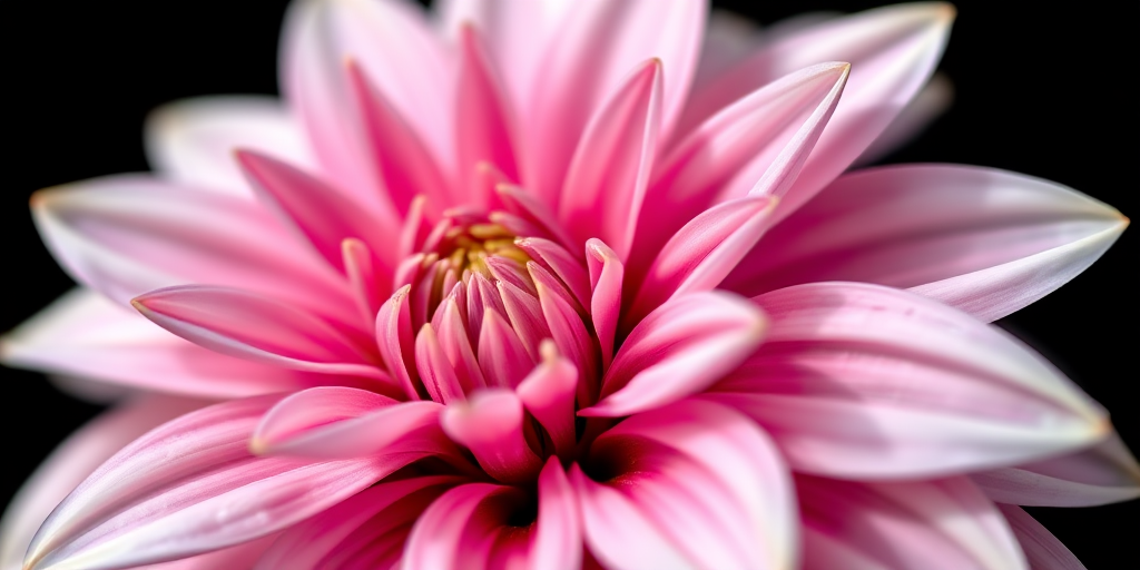 Close-up of a pink and white dahlia flower on a black background, shallow depth of field, ISO 100, f/2.8, 50mm lens, natural lighting, macro photography.