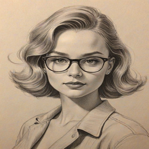Delightful Madison Iseman, pencil sketch, portrait of Bewitching woman 1947s in glasses, hair style beatnik, outline, clear lines, fine lines, 8k