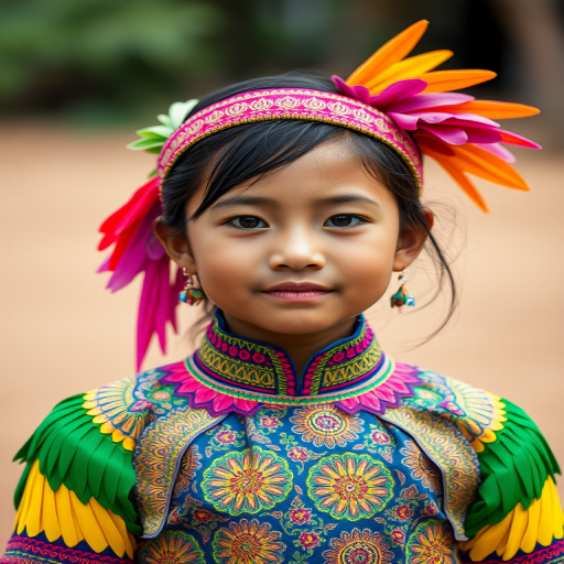 A beautiful Cambodian girl, wearing colorful bird clothing with vibrant colors