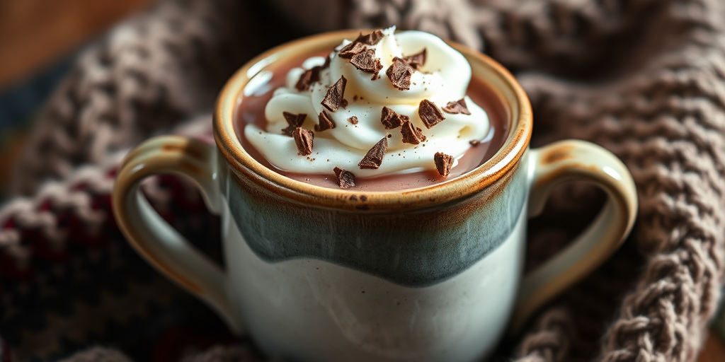 Close-up of a handmade ceramic mug filled with steaming hot cocoa topped with whipped cream and chocolate shavings, soft light illuminating the mug's unique glaze and a cozy knit scarf draped beside it.