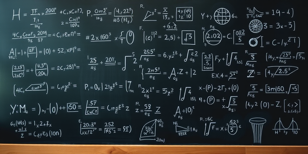 A blackboard filled with mathematical symbols and equations, captured with a Canon EOS R5 at f/4, 1/60s, ISO 100, 24mm lens, in a shallow depth of field, top-down angle, natural lighting.