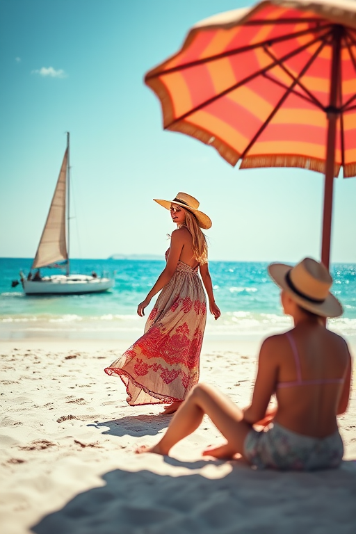 create a vibrant beach scene with two women, one in a flowing dress and wide-brimmed hat standing while the other sits on the sand, a sailboat in the background, bright colors, sunny sky, shot with a Canon EOS R5, aperture f/2.8, ISO 100, 35mm focal length, soft focus on the background to enhance image quality