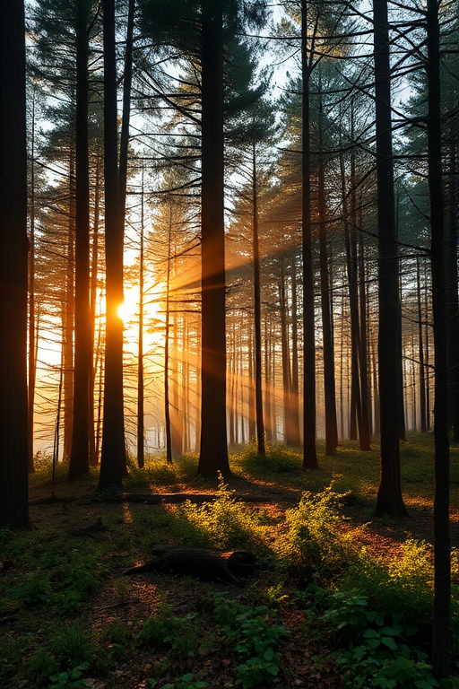 Create a high-resolution image of a serene forest landscape during sunrise with soft light filtering through the trees, using a DSLR camera, 50mm lens, aperture f/1.8, ISO 100, and a shallow depth of field for a dreamy effect.