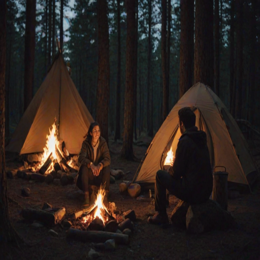 Warmly lit photo of a couple sitting by a campfire in the woods at dusk, with soft light from the flames casting warm shadows, and a tent softly visible in the background.
