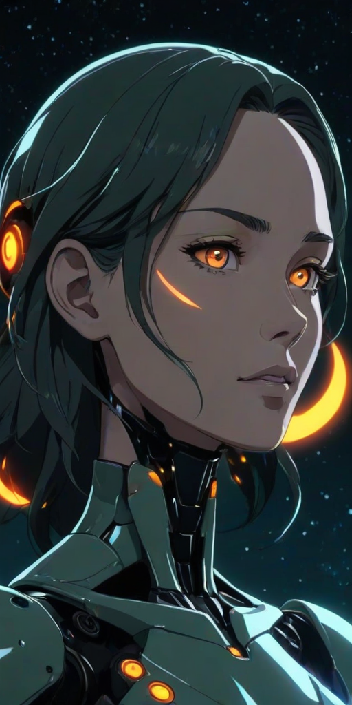 Anime screencap featuring a Minimalist and abstract side profile of a robot woman with a universe sprouting from her mind as she opens her eyes and attains consciousness for the first time in the dark. She has beautiful and intelligent bright orange eyes brimming with knowledge and benevolence. Mostly in hues of blue and green.
