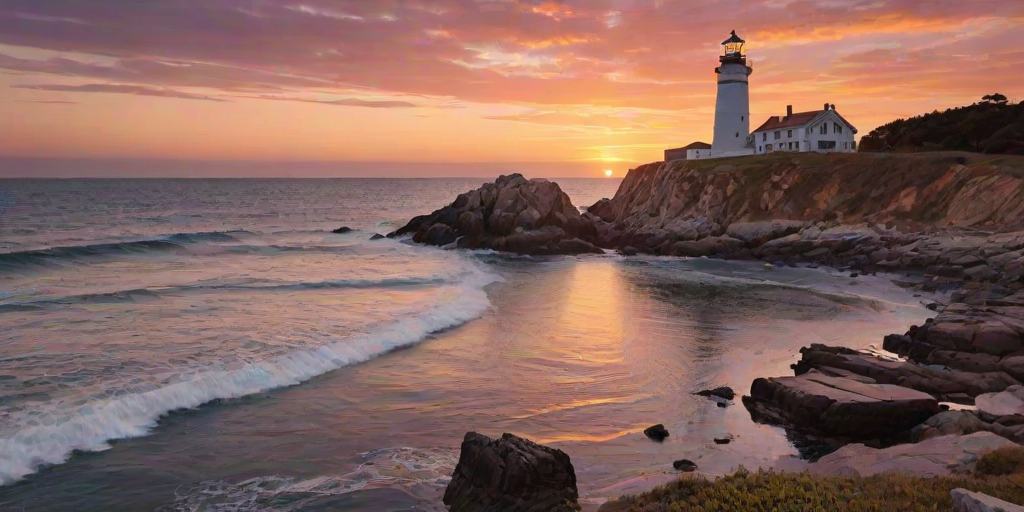 Generate an image of a tall lighthouse perched on a rocky outcrop surrounded by calm ocean waters during a breathtaking sunset. The lighthouse stands sturdy and weathered, its stone surface illuminated by the warm golden light of the setting sun. The sun's rays pass directly through the glass lantern room at the top of the lighthouse, casting a brilliant light across the scene. The sky is painted with vibrant shades of orange, pink, and purple, reflecting off the tranquil sea. The surrounding water shimmers with the same warm hues, creating a serene and majestic atmosphere.