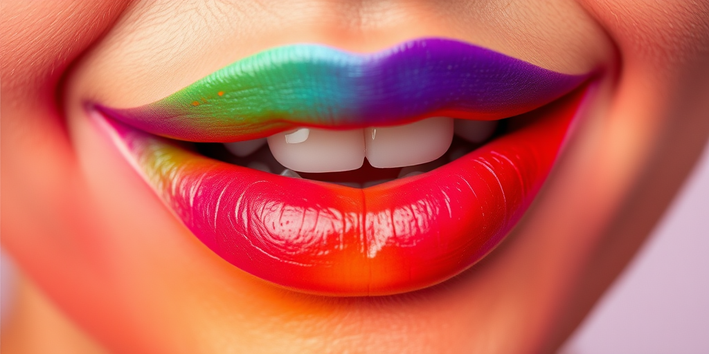 Playful rainbow ombre lips blending vibrant hues seamlessly, showcasing expert color gradation and artistic flair, a true feast for the eyes
