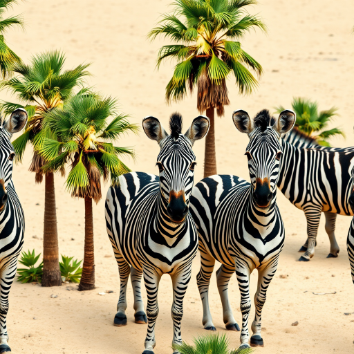 Create a repeating pattern featuring zebras standing next to palm trees on a sandy background, shot with a high-resolution DSLR camera, 50mm lens at f/8, natural lighting, and a shallow depth of field to enhance texture and detail.