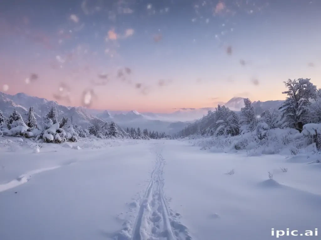 Tranquil Winter Landscape with Snow-Covered Trees and Majestic Mountains