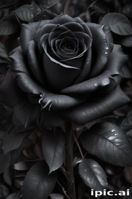 Elegant Black Rose with Dew Drops Surrounded by Dark Green Leaves