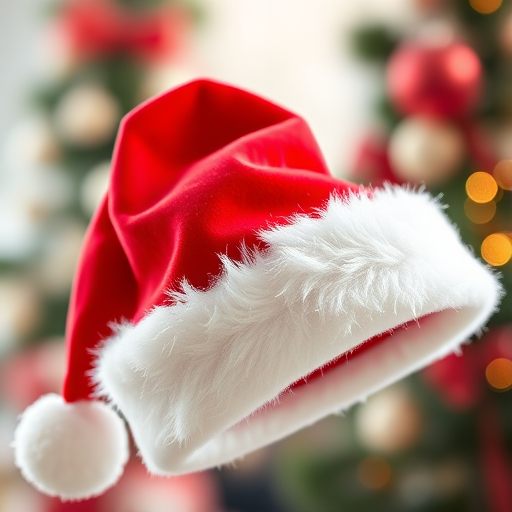 Create a high-resolution image of a festive Santa hat, with vibrant red fabric and a fluffy white trim, captured in natural light using a DSLR camera at f/2.8 aperture, ISO 100, and a 50mm lens, in a soft-focus style against a blurred holiday-themed background.