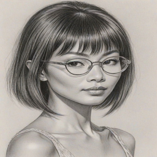 Enchanting Bai Ling, pencil sketch, portrait of Lovely woman 1961s in glasses, hair style beatnik, outline, clear lines, fine lines, 8k