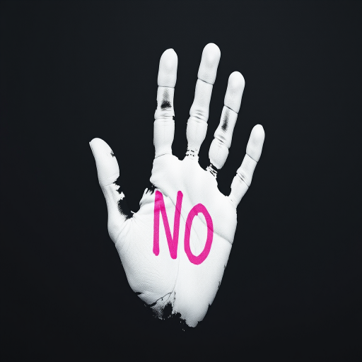 Create an image of a white handprint on a black background with scattered pink text saying "NO," using a Canon EOS R5 camera, 50mm f/1.2 lens, aperture f/2.8, ISO 100, 1/125s shutter speed, focused in a high-contrast style to enhance details and clarity.