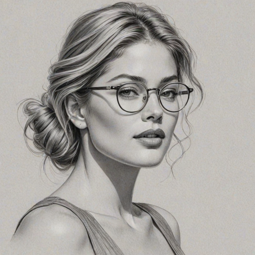 Graceful Doutzen Kroes, pencil sketch, portrait of Enchanting woman 1931s in glasses, hair style beatnik, outline, clear lines, fine lines, 8k