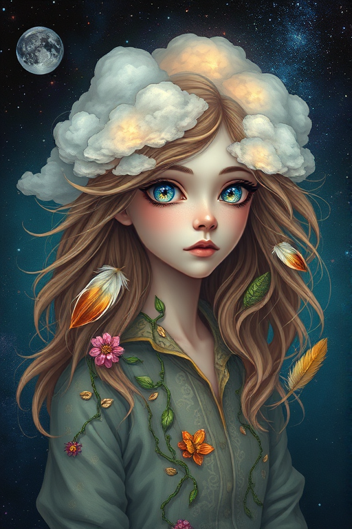 Create a series of imaginative portraits where each subject is infused with elements of fantasy and nature. The hair of the individuals should flow like clouds, varying from soft, fluffy cumulus to wispy cirrus strands, with hints of color reflecting a sunset or a clear blue sky. The eyes should be windows to entire galaxies, with stars, nebulae, and distant planets visible within them. Clothing should be adorned with nature motifs, such as floral patterns that bloom and change, vines that seem to grow and wrap around, or feathers that shimmer with iridescence. Each portrait should capture a unique personality, blending human features with the ethereal beauty of the natural and cosmic world. The backgrounds can vary, from starry night skies to enchanted forests, adding depth and context to the magical realism of the portraits