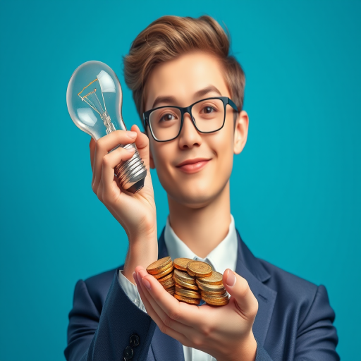 Create an illustration of a professional person holding a light bulb and coins, set against a blue background, using a Canon EOS R5 camera with a 50mm lens, aperture f/1.8, ISO 100, and in soft focus for enhanced clarity and vibrancy.