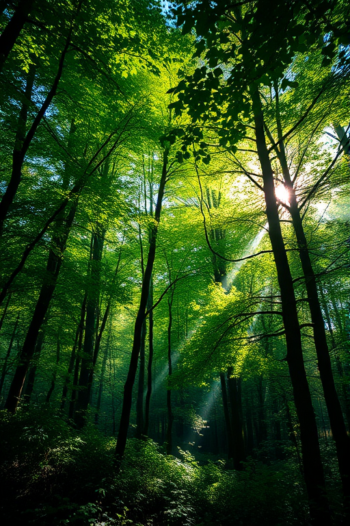 generate a vibrant forest scene with dense greenery, dappled sunlight filtering through the leaves, adding depth and atmosphere with shafts of light illuminating the foliage, 50mm lens, f/2.8 aperture, ISO 200, natural light, DSLR camera, wide-angle view
